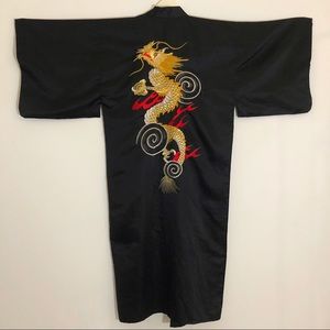 Vintage Black Kimono Gold & Red Embroidered Dragon